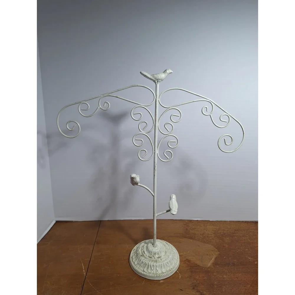 Shabby Chic Metal Bird Jewelry Stand Tree Necklace Organizer Distressed White
